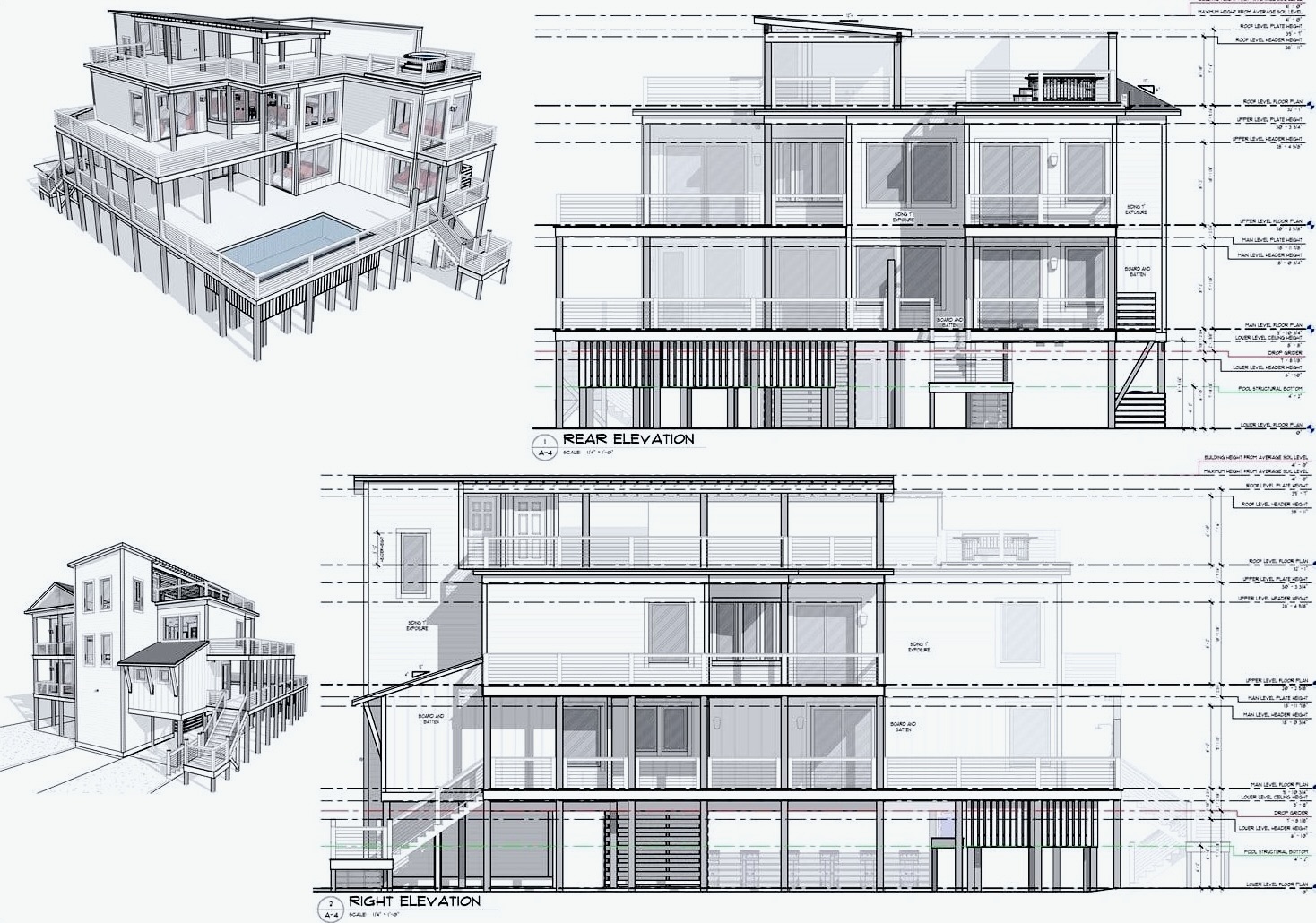 Elevations and 3D views of Lands End House, a four-level oceanfront house on Oak Island